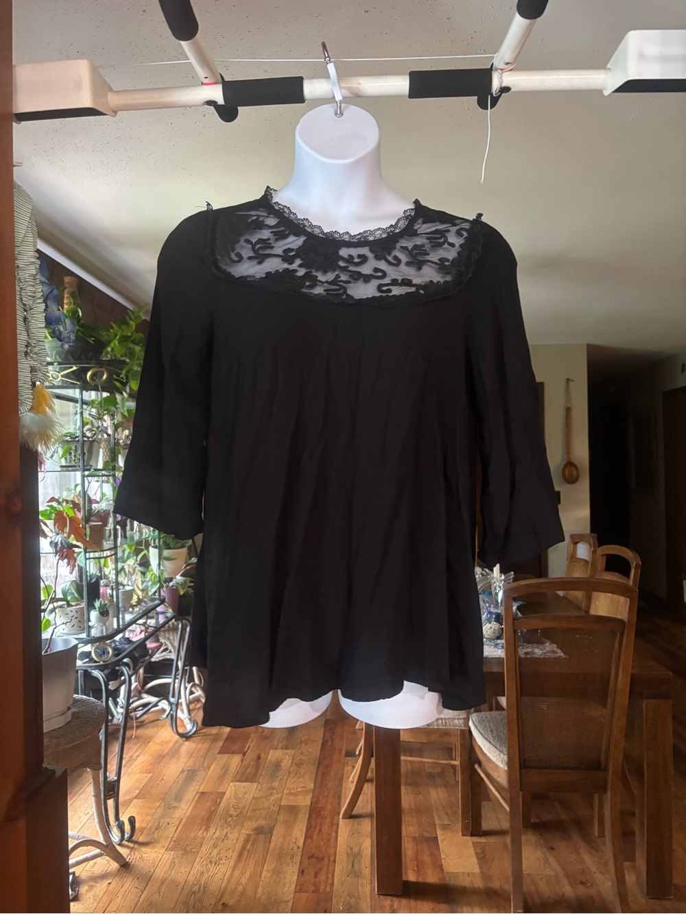 mittoshop Women’s Black Lace Yoke Blouse 3/4 Sleeves Size Large
